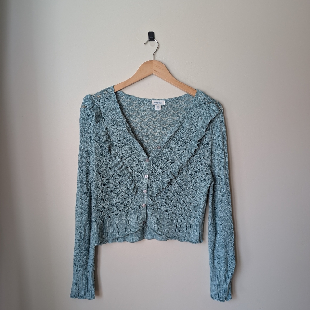 Sundance Crochet Ruffle V-Neck Cardigan Sweater - Seafoam